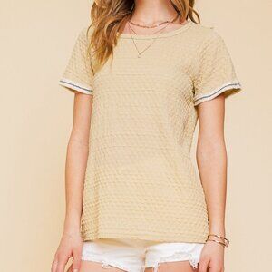 HEM & THREAD Light Green Textured Short Sleeve Top, Honeycomb Knit Blouse